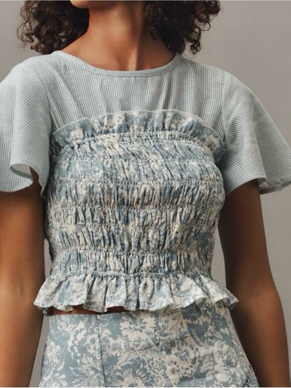 Anthropologie XS Two-Fer Smocked Floral Stripe Linen Short Sleeve Crop Top